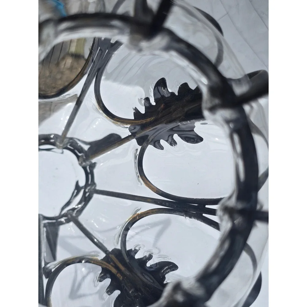 Wrought Iron and Caged Blown Glass Amphora Vase Scrolled Handles Rustic 15.5in - Picture 5 of 7
